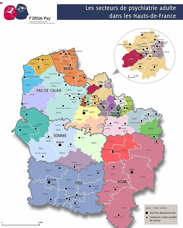Carte représentant les secteurs de soins en psychiatrie adulte pour la région Hauts-de-France, description ci-après