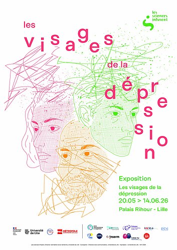 Dessin de 3 visages brouillés par des lignes, affiche de l’exposition Les visages de la dépression