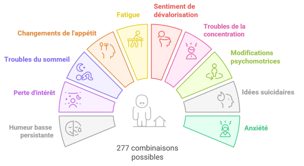 Schéma des principaux symptômes associés à la dépression, description ci-après